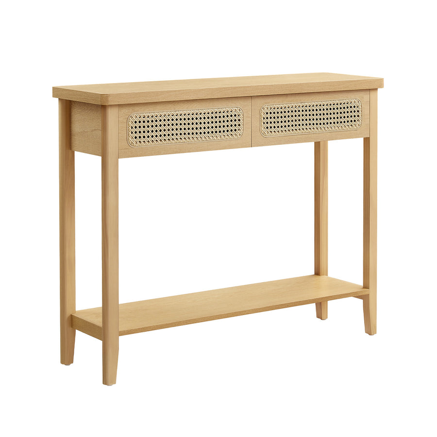 VASAGLE Boho konsolbord med rottingdetaljer, 2 lådor och öppen hylla, 100 kg belastningskapacitet, 30 x 100 x 80 cm