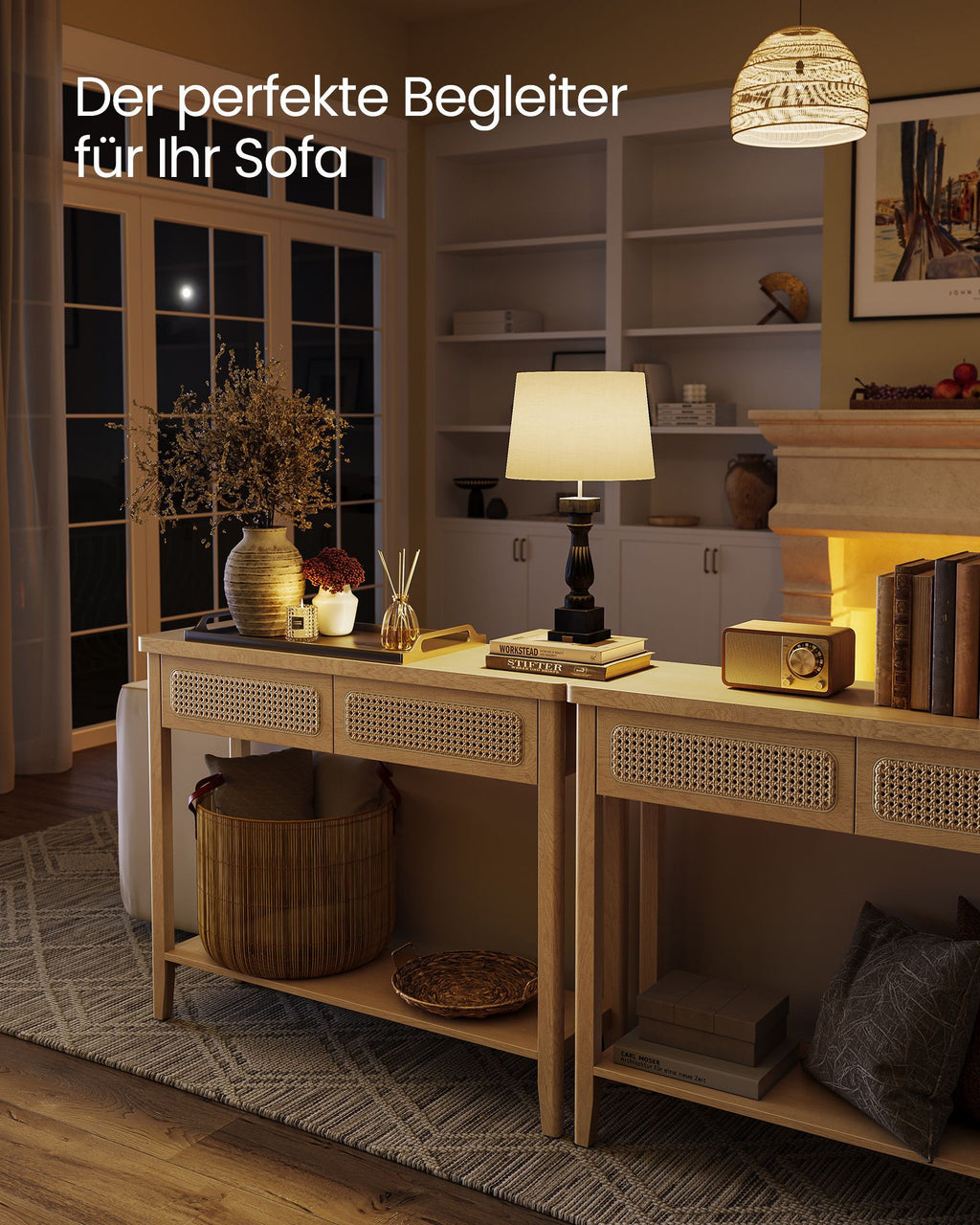 VASAGLE Boho-konsolipöytä rottinkietuosalla, 2 laatikkoa ja avohylly, 100 kg kantavuus, 30 x 100 x 80 cm