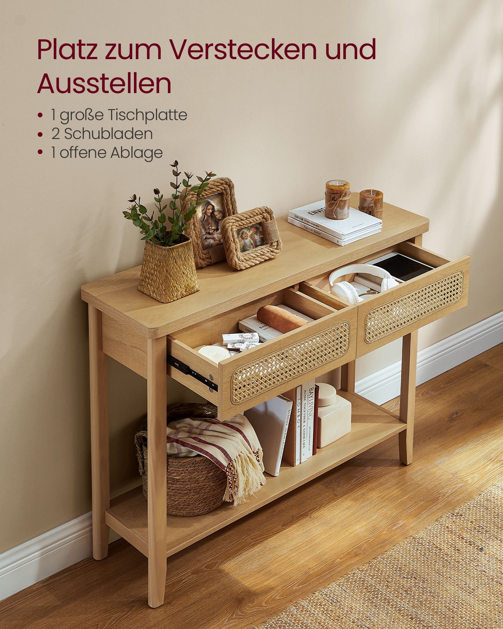 VASAGLE Boho-konsolipöytä rottinkietuosalla, 2 laatikkoa ja avohylly, 100 kg kantavuus, 30 x 100 x 80 cm