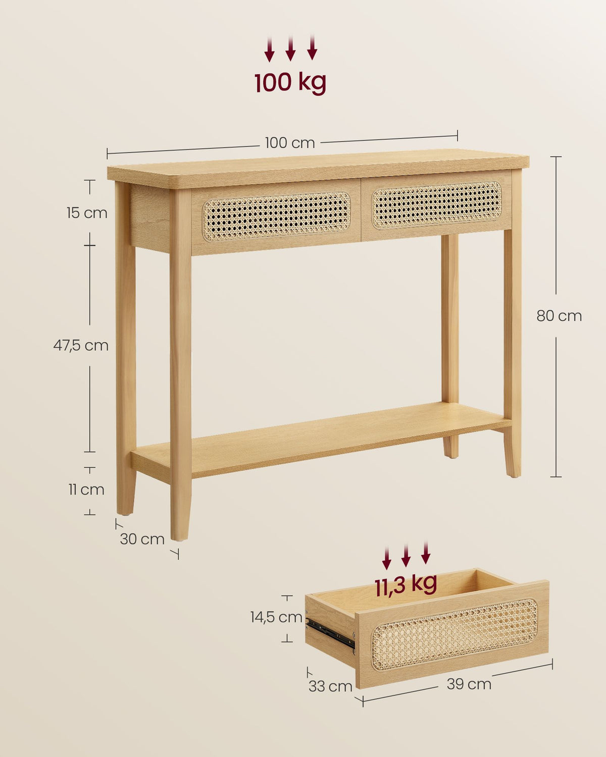 VASAGLE Boho-konsolipöytä rottinkietuosalla, 2 laatikkoa ja avohylly, 100 kg kantavuus, 30 x 100 x 80 cm