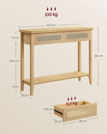 VASAGLE Boho-konsolipöytä rottinkietuosalla, 2 laatikkoa ja avohylly, 100 kg kantavuus, 30 x 100 x 80 cm