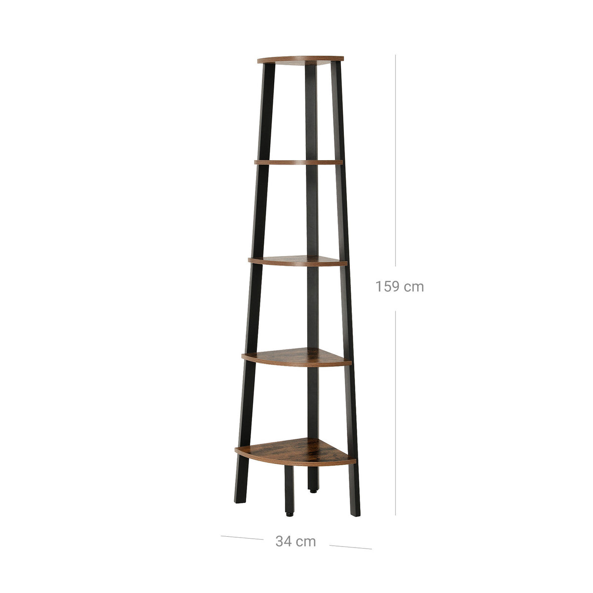 VASAGLE Teollinen kulmahylly – 5-tasoinen hylly teräsrungolla, 34,2 x 34,2 x 158,8 cm