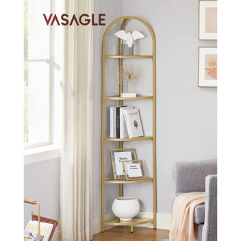 VASAGLE Kultainen kulmahylly – 5-tasoinen lasihylly teräsrungolla, 28 x 28 x 158 cm