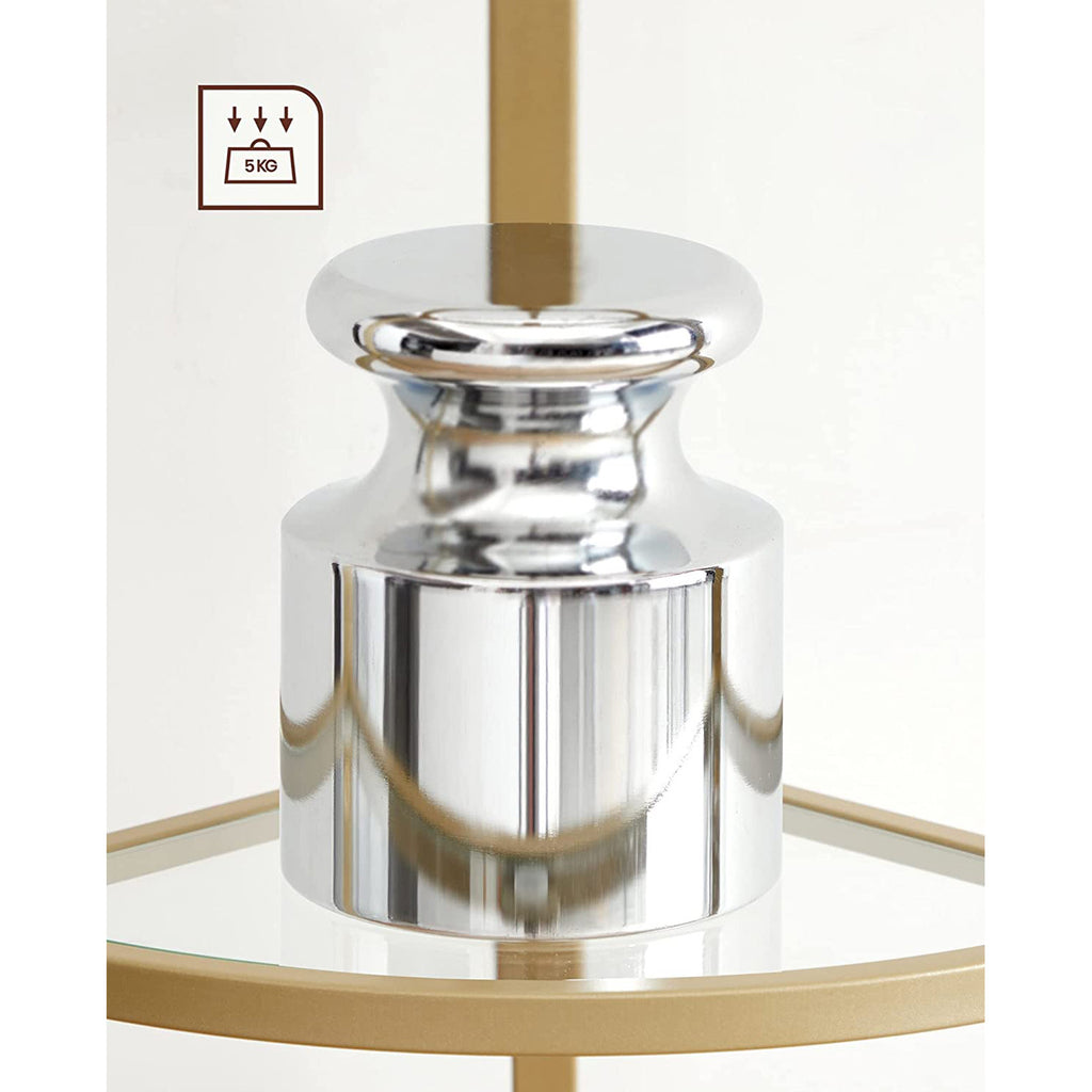 VASAGLE Kultainen kulmahylly – 5-tasoinen lasihylly teräsrungolla, 28 x 28 x 158 cm