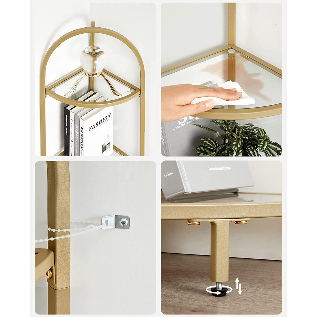 VASAGLE Kultainen kulmahylly – 5-tasoinen lasihylly teräsrungolla, 28 x 28 x 158 cm