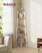 VASAGLE 4-tasoinen Tikashylly, luonnontammi ja valkoinen metallirunko, 37 x 37 x 159 cm