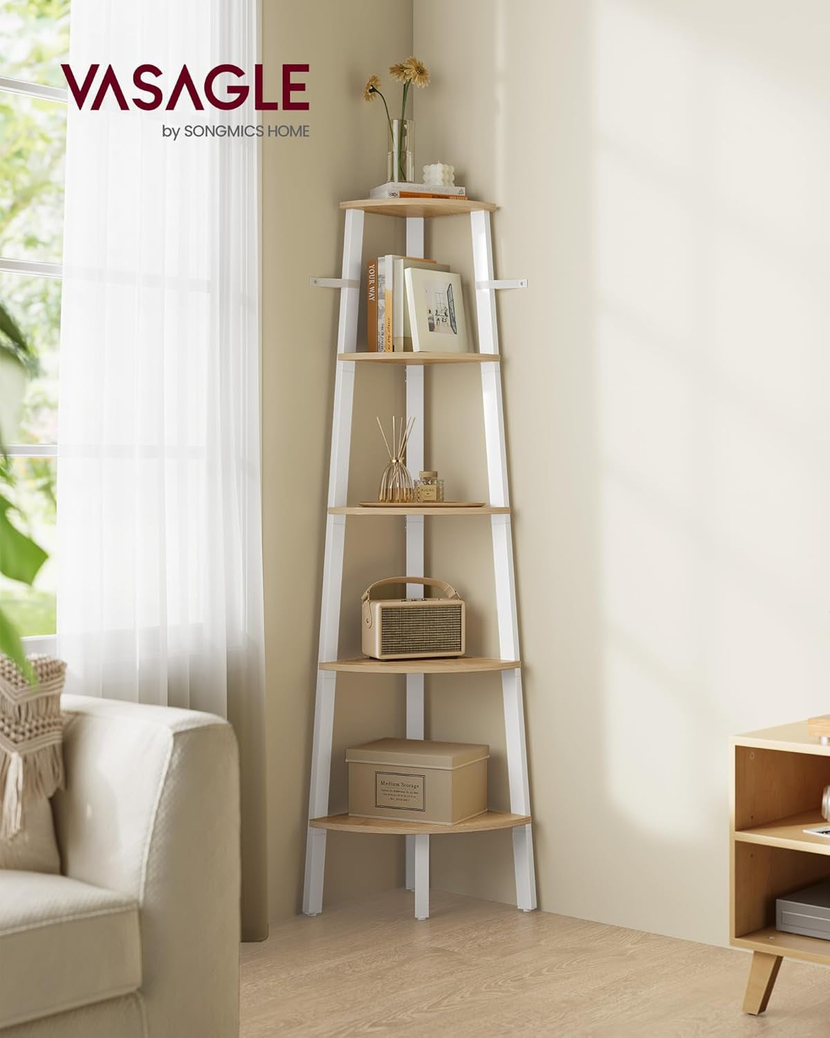 VASAGLE 4-tasoinen Tikashylly, luonnontammi ja valkoinen metallirunko, 37 x 37 x 159 cm