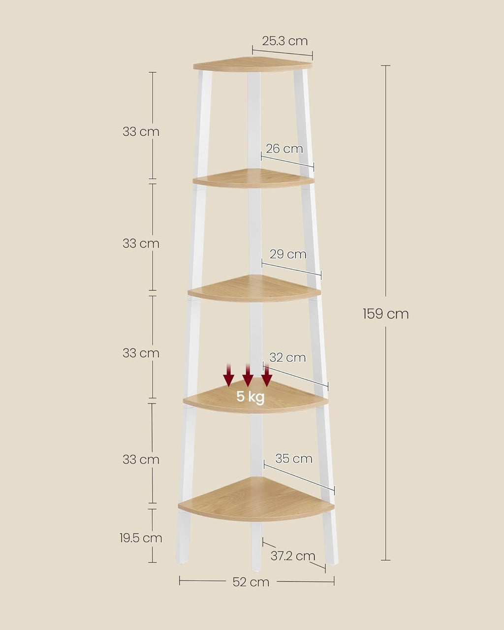 VASAGLE 4-tasoinen Tikashylly, luonnontammi ja valkoinen metallirunko, 37 x 37 x 159 cm