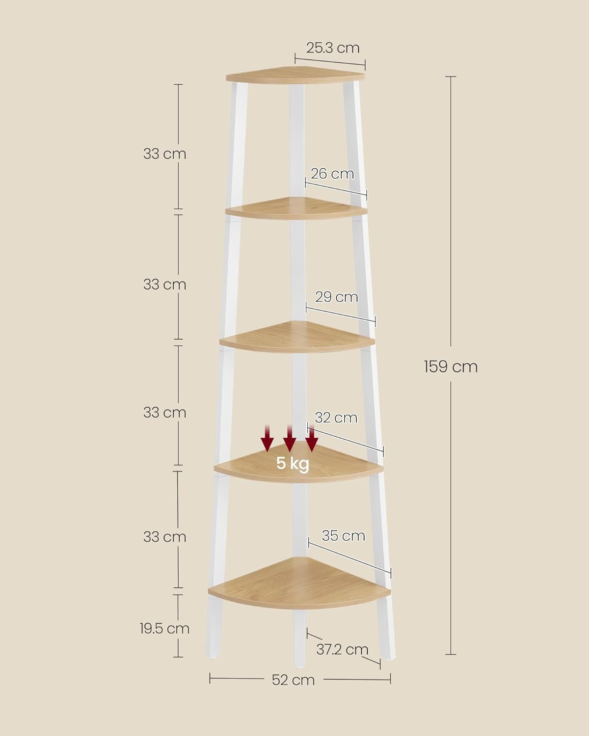 VASAGLE 4-tasoinen Tikashylly, luonnontammi ja valkoinen metallirunko, 37 x 37 x 159 cm