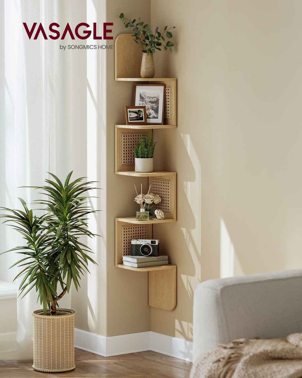 VASAGLE Boho-kulmahylly – 5-tasoinen tammenbeige hylly PVC-rottinkisivuilla, 20 x 20 x 126 cm