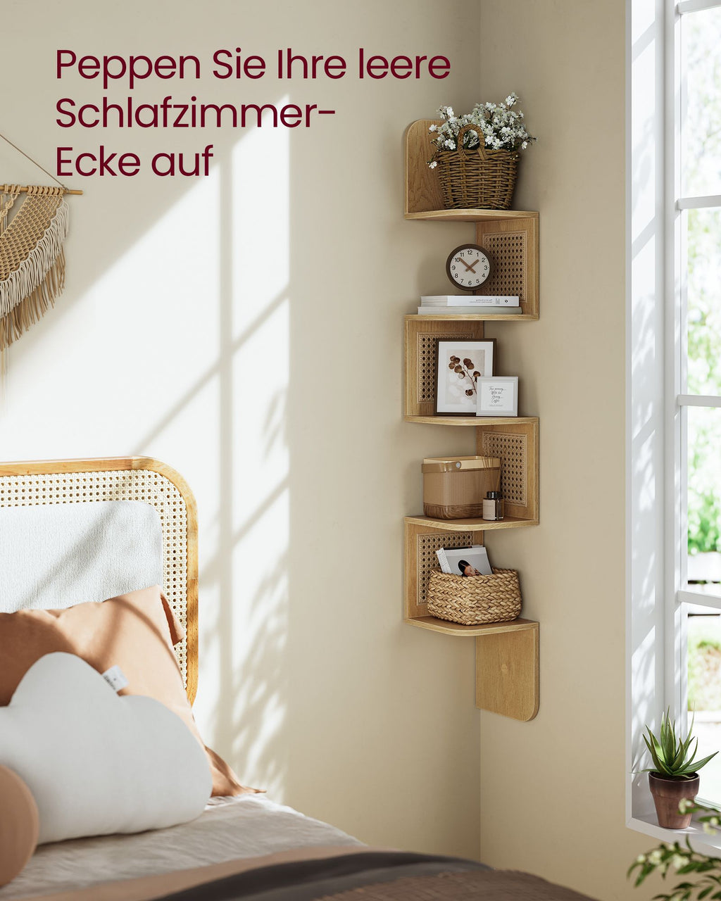 VASAGLE Boho-kulmahylly – 5-tasoinen tammenbeige hylly PVC-rottinkisivuilla, 20 x 20 x 126 cm