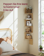 VASAGLE Boho-kulmahylly – 5-tasoinen tammenbeige hylly PVC-rottinkisivuilla, 20 x 20 x 126 cm