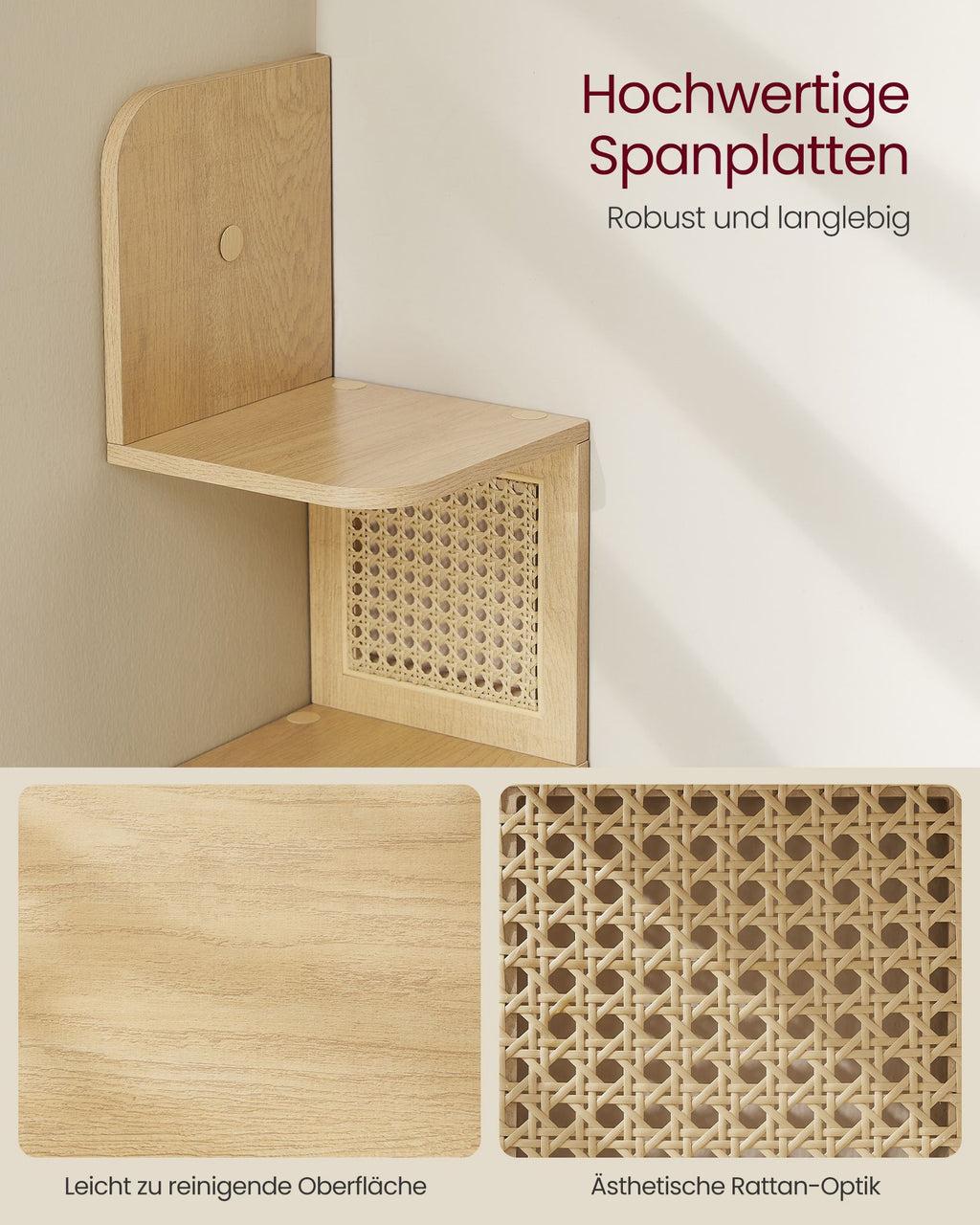 VASAGLE Boho-kulmahylly – 5-tasoinen tammenbeige hylly PVC-rottinkisivuilla, 20 x 20 x 126 cm