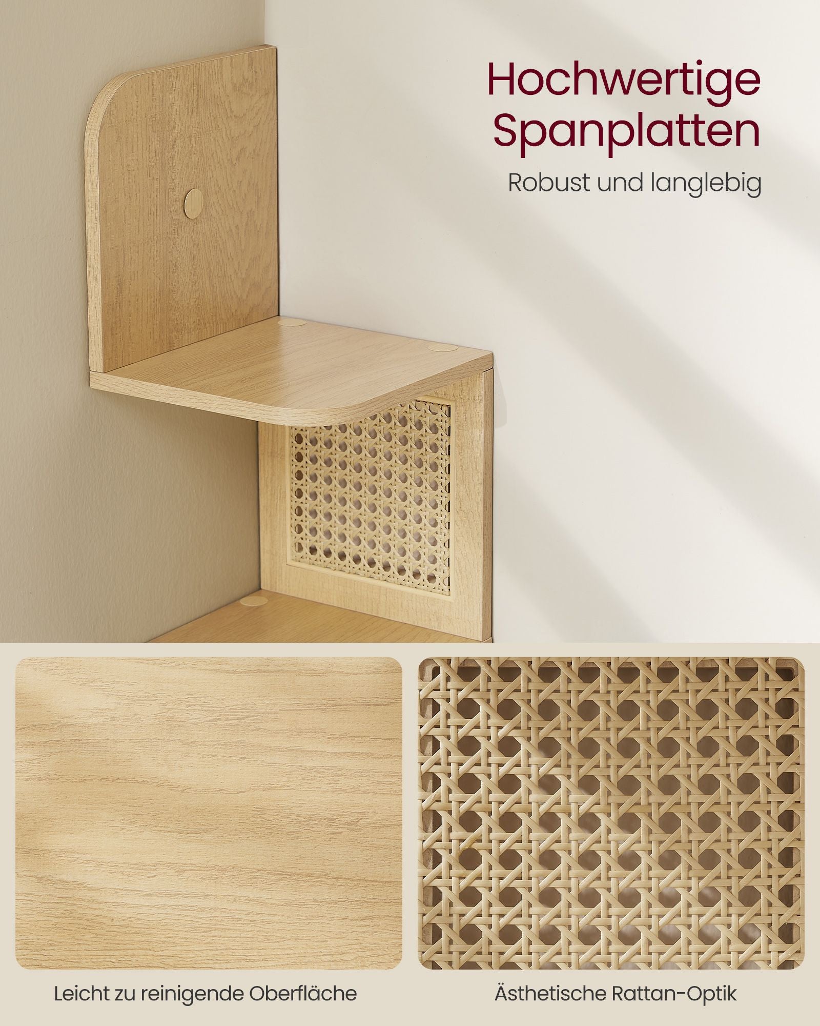 VASAGLE Boho-kulmahylly – 5-tasoinen tammenbeige hylly PVC-rottinkisivuilla, 20 x 20 x 126 cm