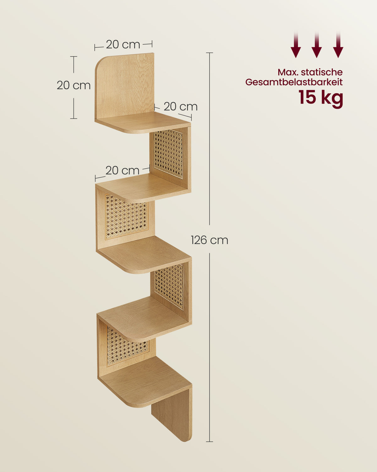 VASAGLE Boho-kulmahylly – 5-tasoinen tammenbeige hylly PVC-rottinkisivuilla, 20 x 20 x 126 cm
