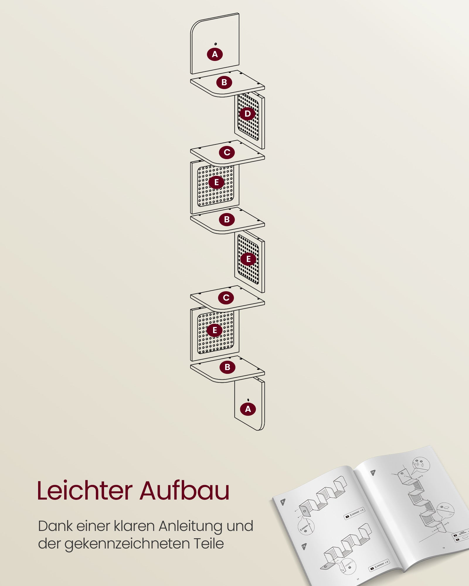 VASAGLE Boho-kulmahylly – 5-tasoinen tammenbeige hylly PVC-rottinkisivuilla, 20 x 20 x 126 cm