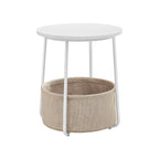 VASAGLE Rundt sidobord – vitt och beige 45x50 cm soffbord med tygkorg