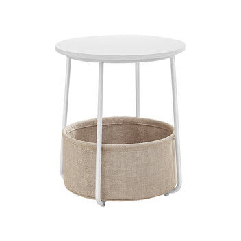 VASAGLE Rundt sidobord – vitt och beige 45x50 cm soffbord med tygkorg