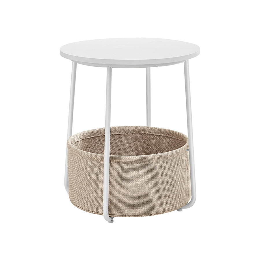 VASAGLE Pyöreä sivupöytä – valkoinen ja beige 45x50 cm sohvapöytä kangaskorilla