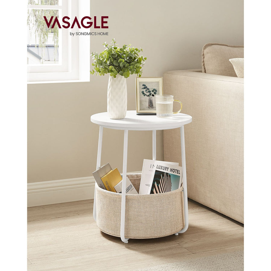 VASAGLE Pyöreä sivupöytä – valkoinen ja beige 45x50 cm sohvapöytä kangaskorilla