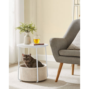 VASAGLE Rundt sidobord – vitt och beige 45x50 cm soffbord med tygkorg