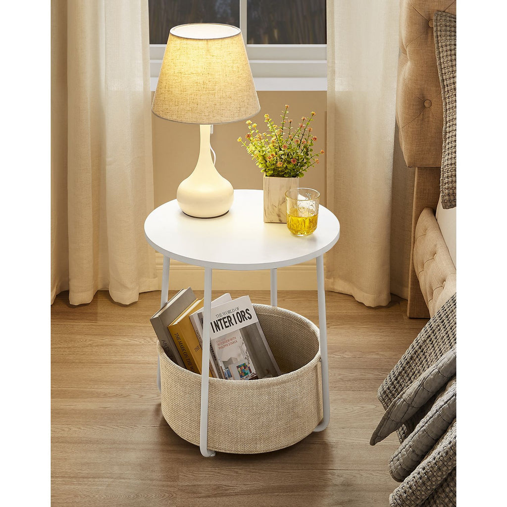 VASAGLE Rundt sidobord – vitt och beige 45x50 cm soffbord med tygkorg