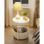 VASAGLE Rundt sidobord – vitt och beige 45x50 cm soffbord med tygkorg