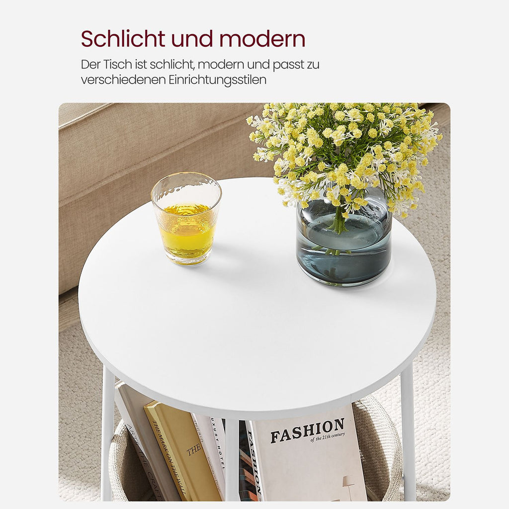 VASAGLE Rundt sidobord – vitt och beige 45x50 cm soffbord med tygkorg