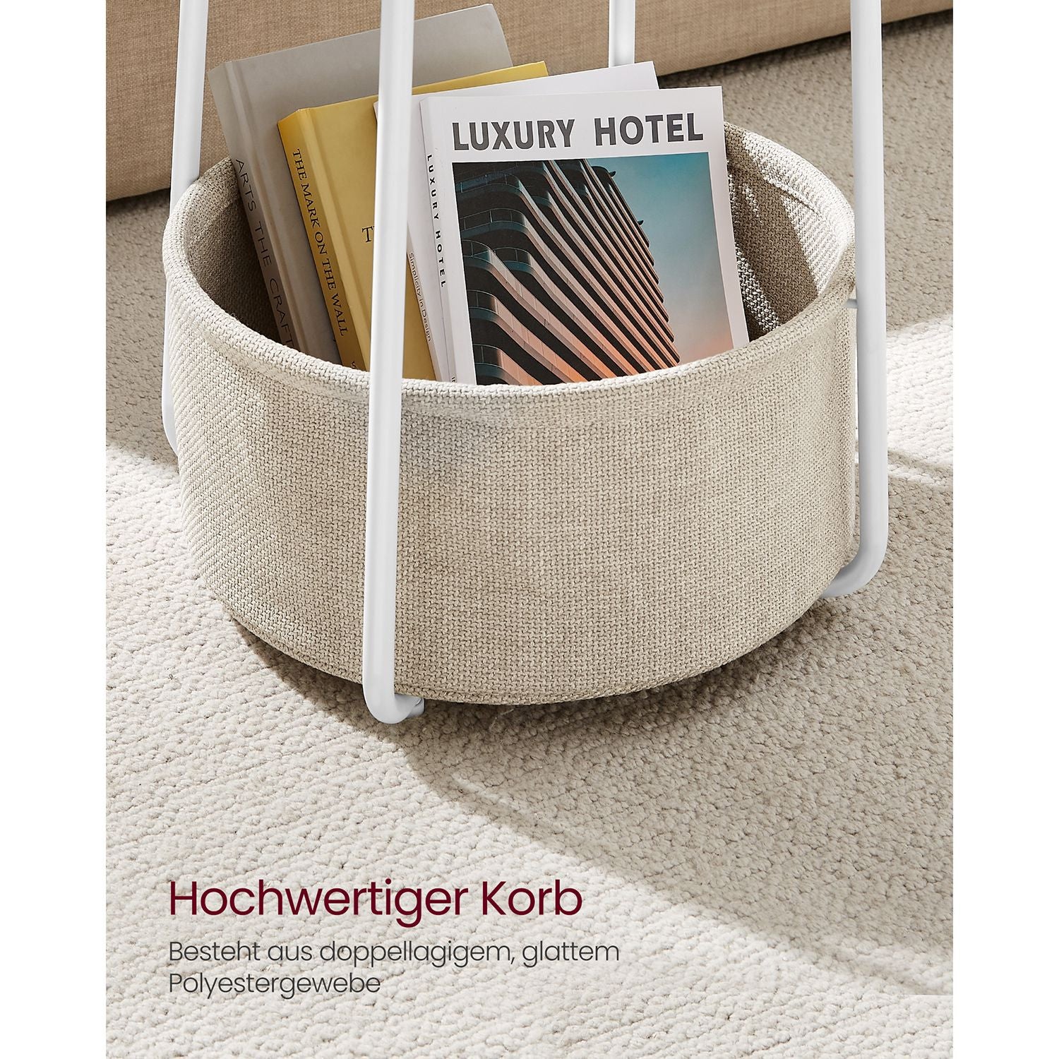 VASAGLE Pyöreä sivupöytä – valkoinen ja beige 45x50 cm sohvapöytä kangaskorilla