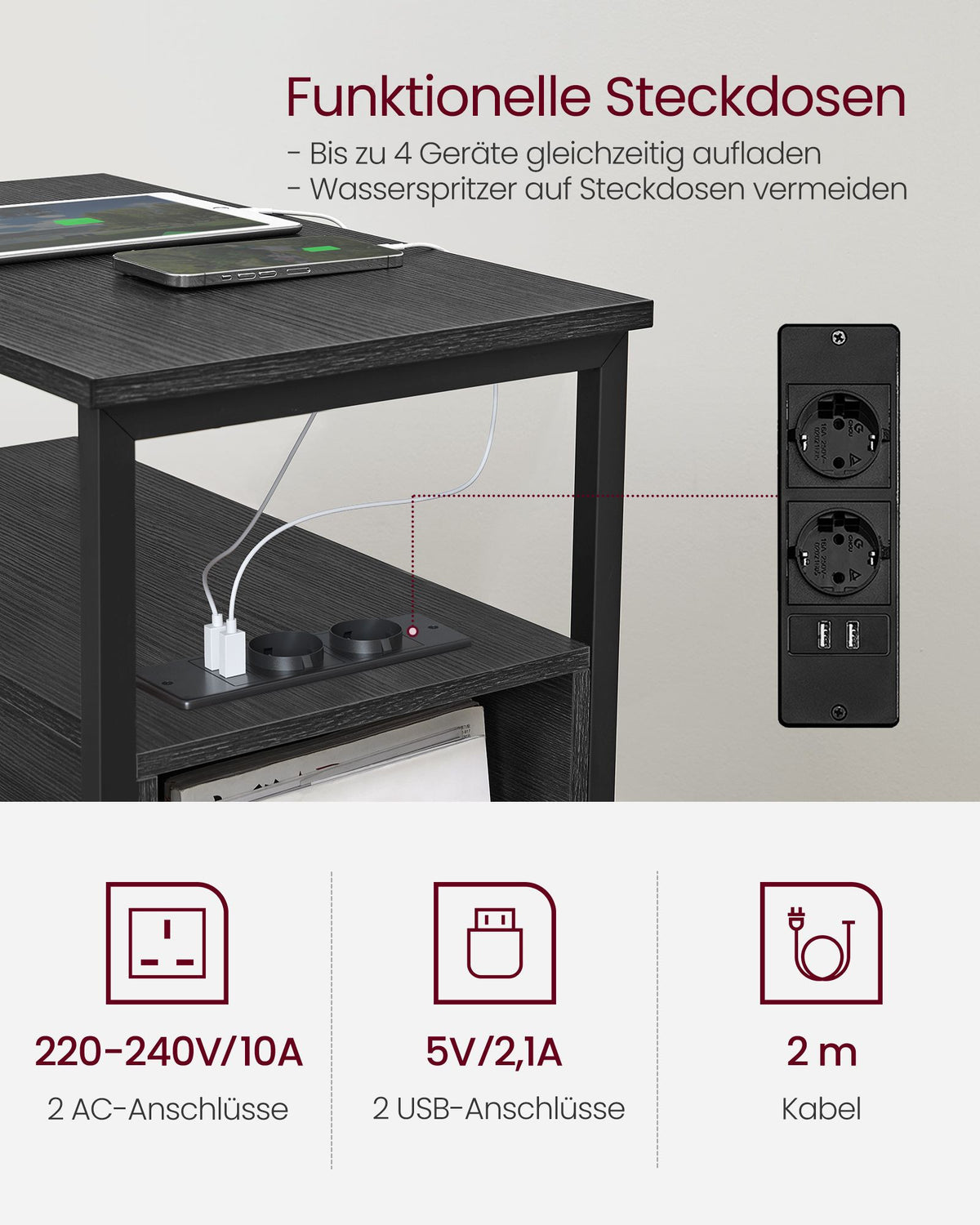 VASAGLE Nattduksbord med grenuttag – 2 vägguttag, 2 USB-portar, 2 lådor, hyllor och tidningsställ, stålkonstruktion, 60 x 35 x 61 cm