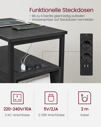 VASAGLE Nattduksbord med grenuttag – 2 vägguttag, 2 USB-portar, 2 lådor, hyllor och tidningsställ, stålkonstruktion, 60 x 35 x 61 cm