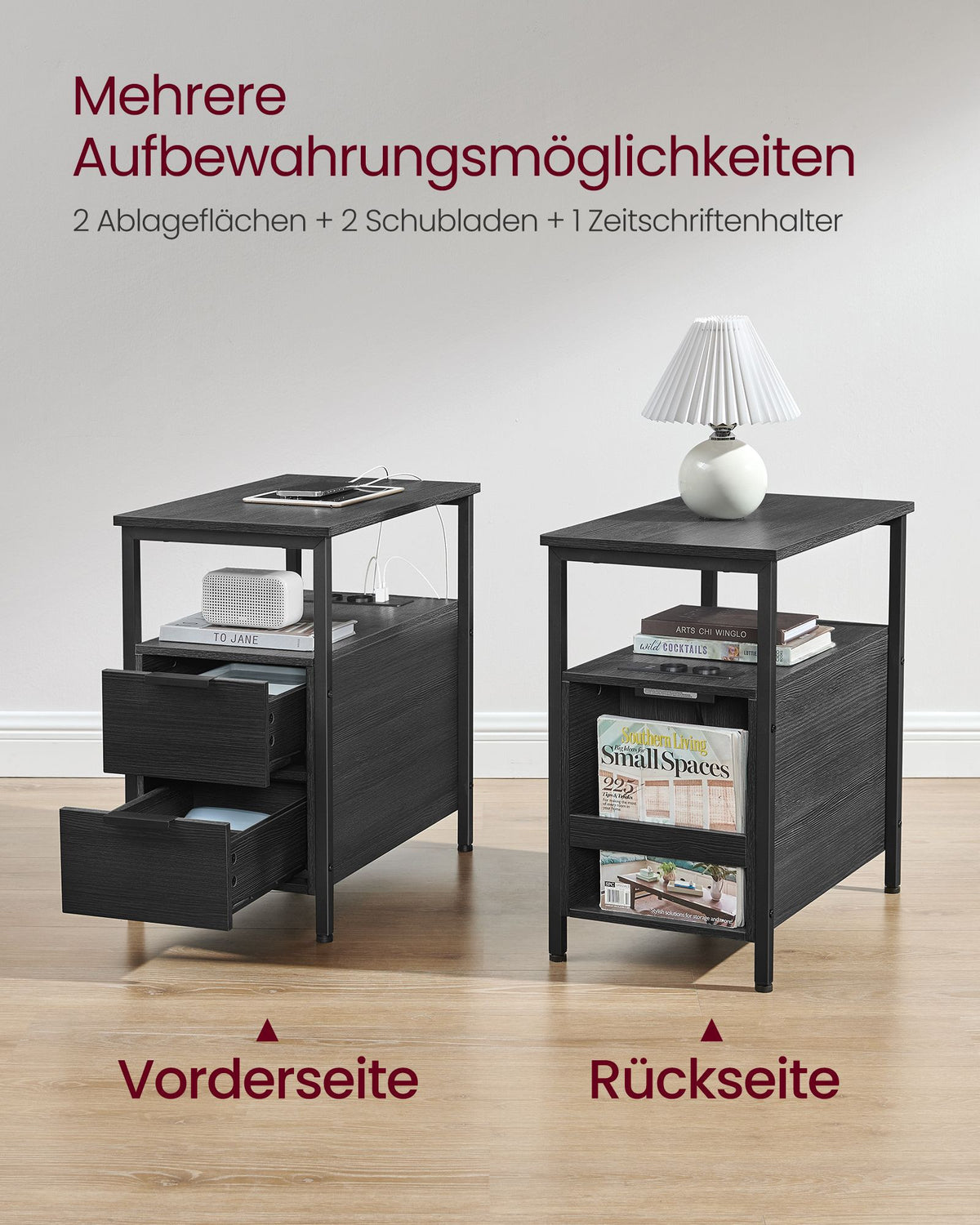 VASAGLE Nattduksbord med grenuttag – 2 vägguttag, 2 USB-portar, 2 lådor, hyllor och tidningsställ, stålkonstruktion, 60 x 35 x 61 cm