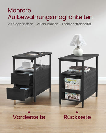 VASAGLE Nattduksbord med grenuttag – 2 vägguttag, 2 USB-portar, 2 lådor, hyllor och tidningsställ, stålkonstruktion, 60 x 35 x 61 cm