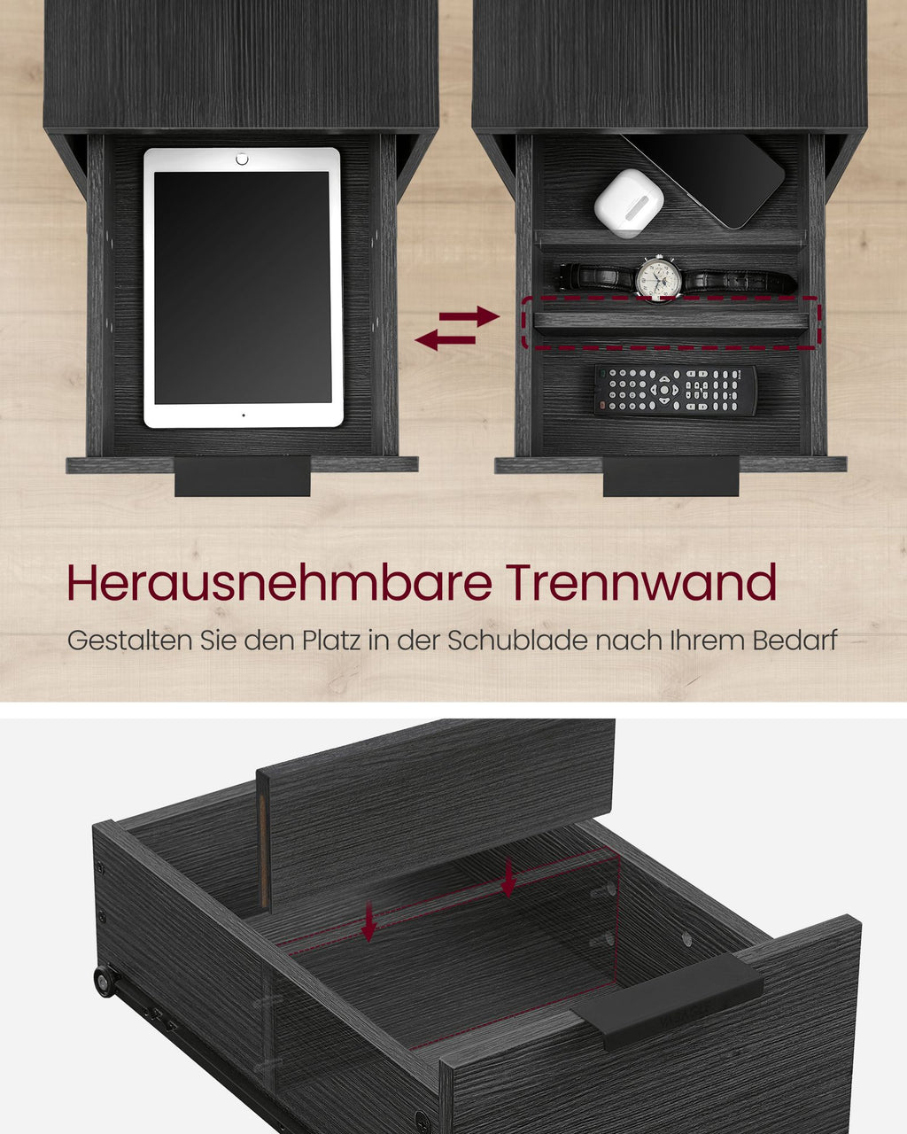 VASAGLE Yöpöytä pistorasialla – 2 AC-pistorasiaa, 2 USB-porttia, 2 laatikkoa, hyllyt ja lehtiteline, teräsrakenne, 60 x 35 x 61 cm