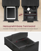 VASAGLE Yöpöytä pistorasialla – 2 AC-pistorasiaa, 2 USB-porttia, 2 laatikkoa, hyllyt ja lehtiteline, teräsrakenne, 60 x 35 x 61 cm