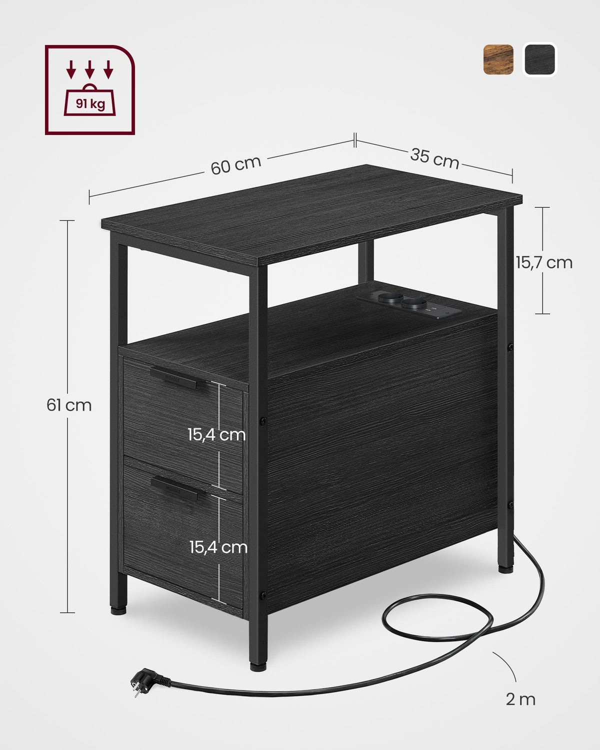 VASAGLE Nattduksbord med grenuttag – 2 vägguttag, 2 USB-portar, 2 lådor, hyllor och tidningsställ, stålkonstruktion, 60 x 35 x 61 cm