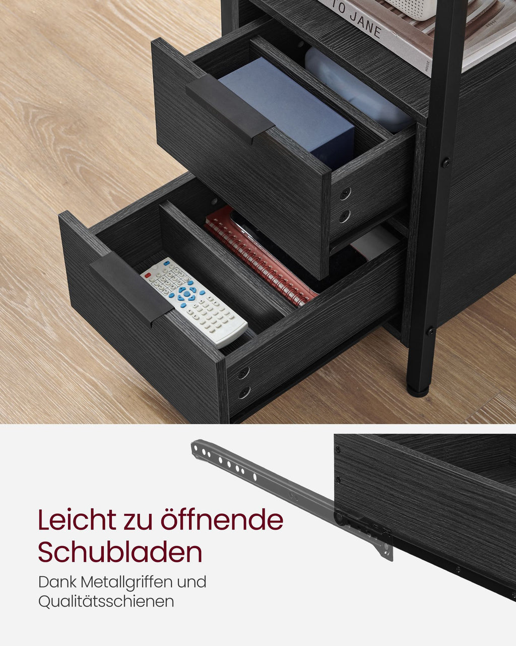 VASAGLE Yöpöytä pistorasialla – 2 AC-pistorasiaa, 2 USB-porttia, 2 laatikkoa, hyllyt ja lehtiteline, teräsrakenne, 60 x 35 x 61 cm