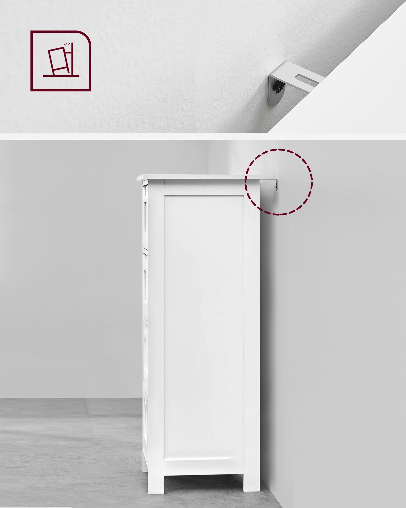 VASAGLE Valkoinen kylpyhuonekaappi – 4 laatikkoa, kompakti MDF-lattiakaappi kaatumissuojalla, 30 x 30 x 82 cm