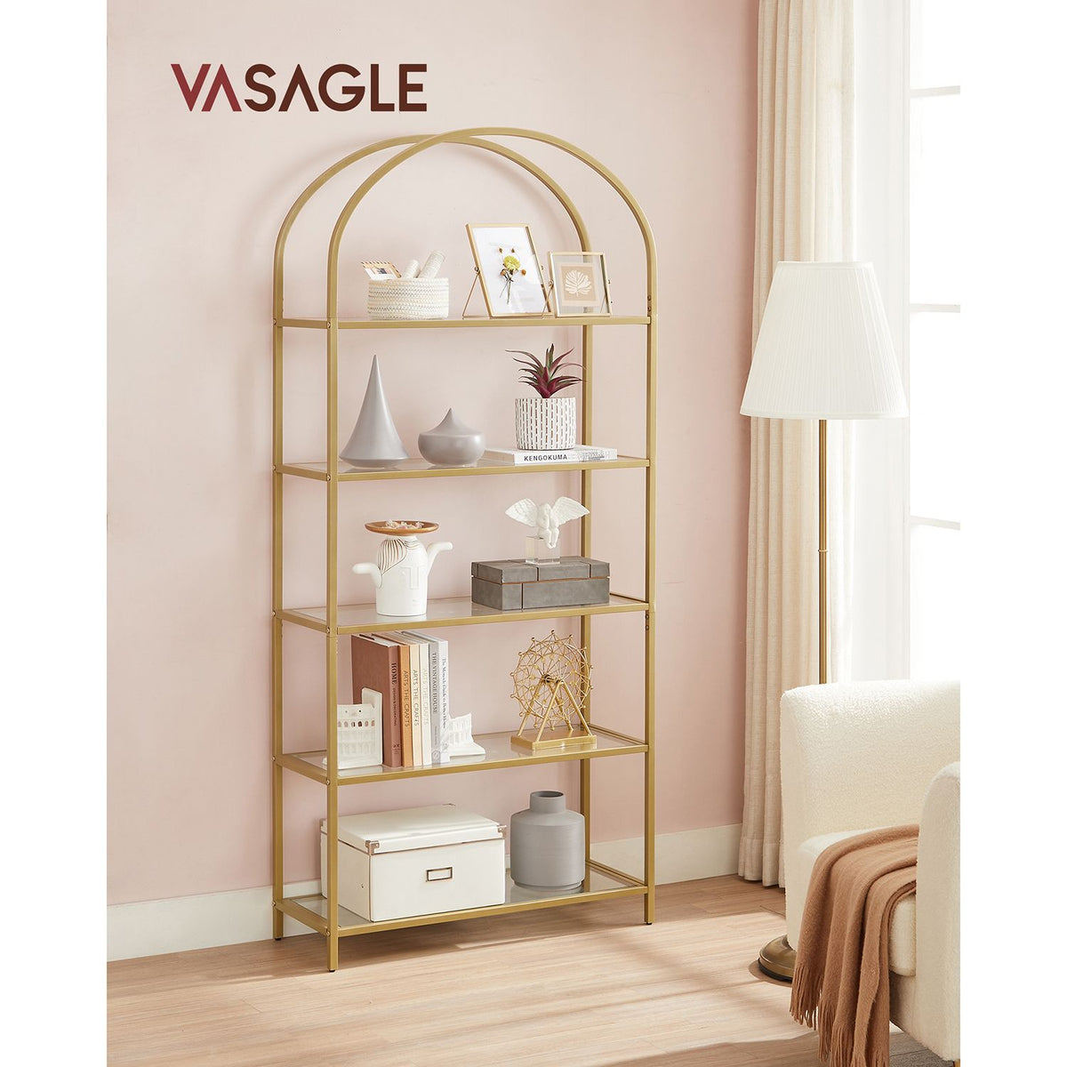 VASAGLE 5-hyllig enhet – härdat glas och stål 83x30x183 cm