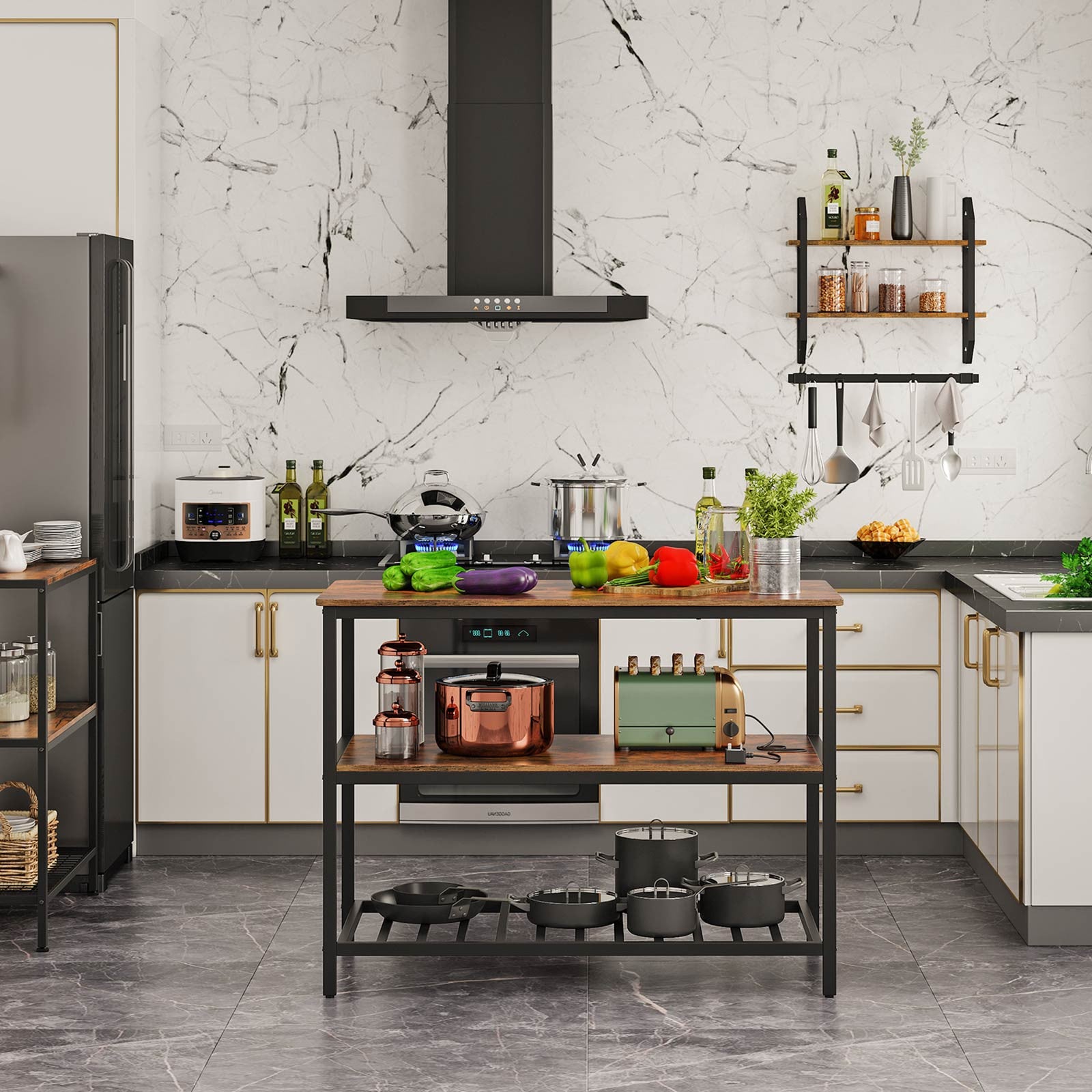 VASAGLE keittiösaareke kolmella hyllyllä – tukeva teräsrunkoinen apupöytä ja työskentelytaso (120x60x90 cm)