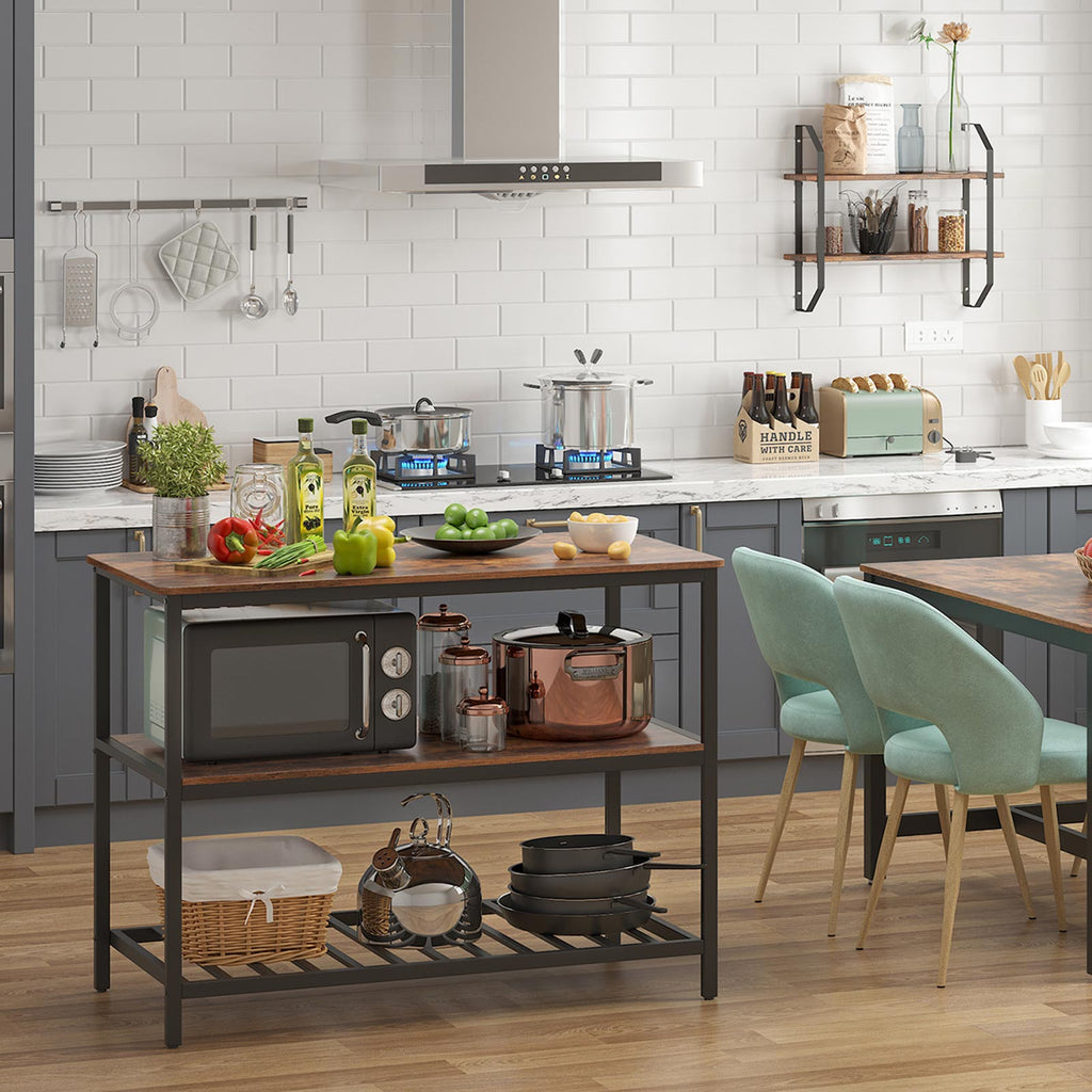 VASAGLE keittiösaareke kolmella hyllyllä – tukeva teräsrunkoinen apupöytä ja työskentelytaso (120x60x90 cm)
