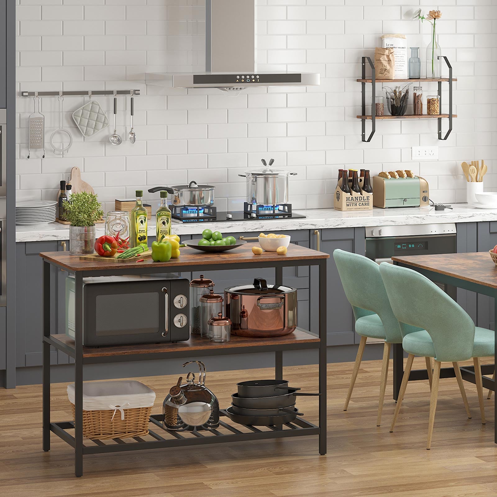 VASAGLE keittiösaareke kolmella hyllyllä – tukeva teräsrunkoinen apupöytä ja työskentelytaso (120x60x90 cm)