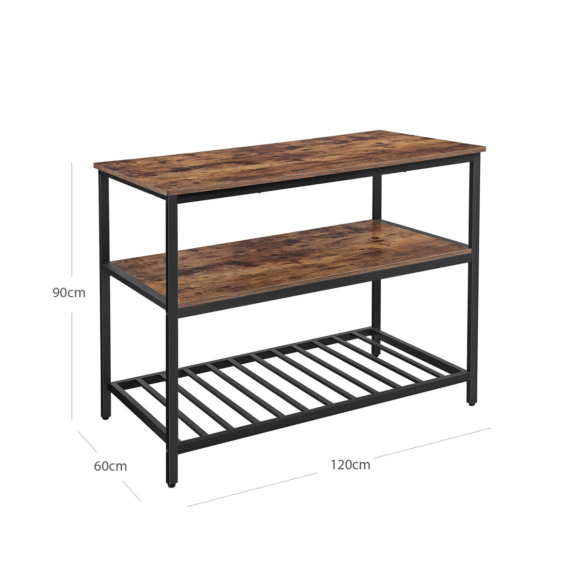 VASAGLE köksö med tre hyllor – robust sidobord och arbetsbänk med stålram (120x60x90 cm)