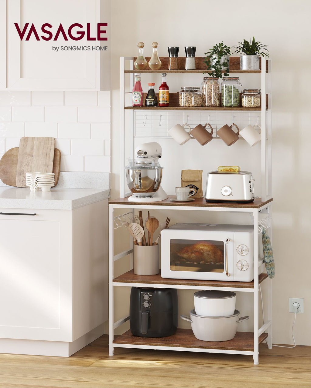 VASAGLE Keittiöhylly pistorasioilla – säädettävä hylly virtapaneelilla, 4 pistorasiaa (1875 W), moderni monikäyttöinen keittiön säilytyshylly