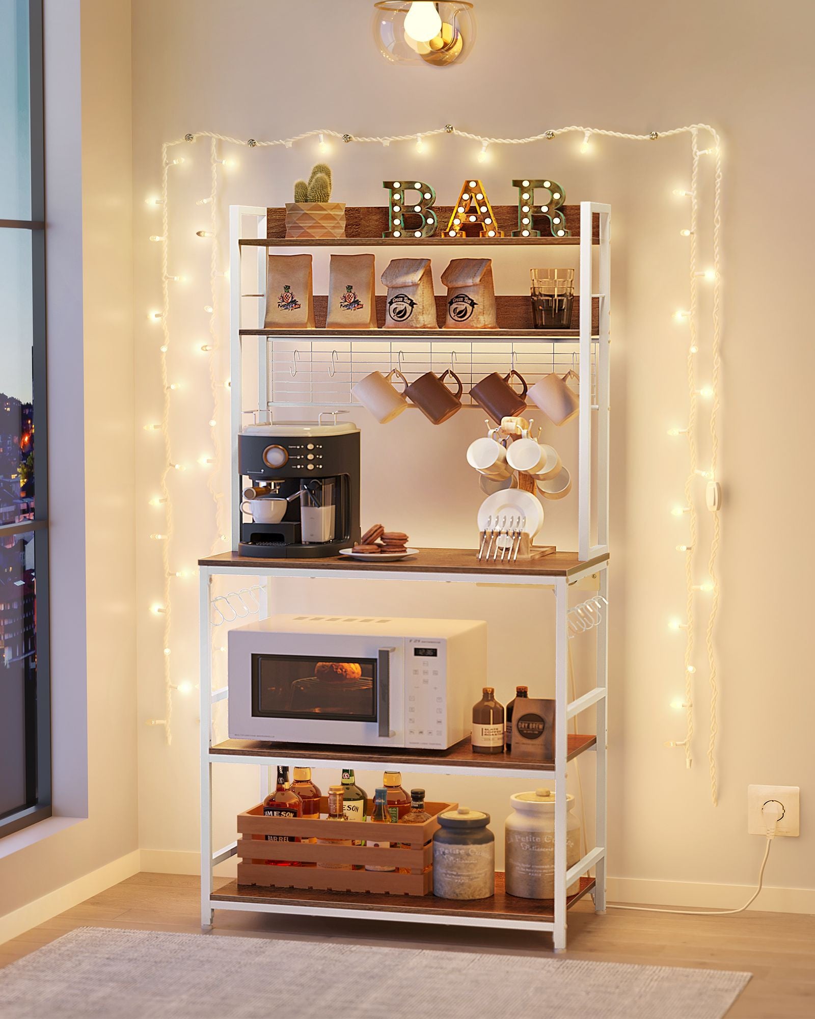 VASAGLE Keittiöhylly pistorasioilla – säädettävä hylly virtapaneelilla, 4 pistorasiaa (1875 W), moderni monikäyttöinen keittiön säilytyshylly