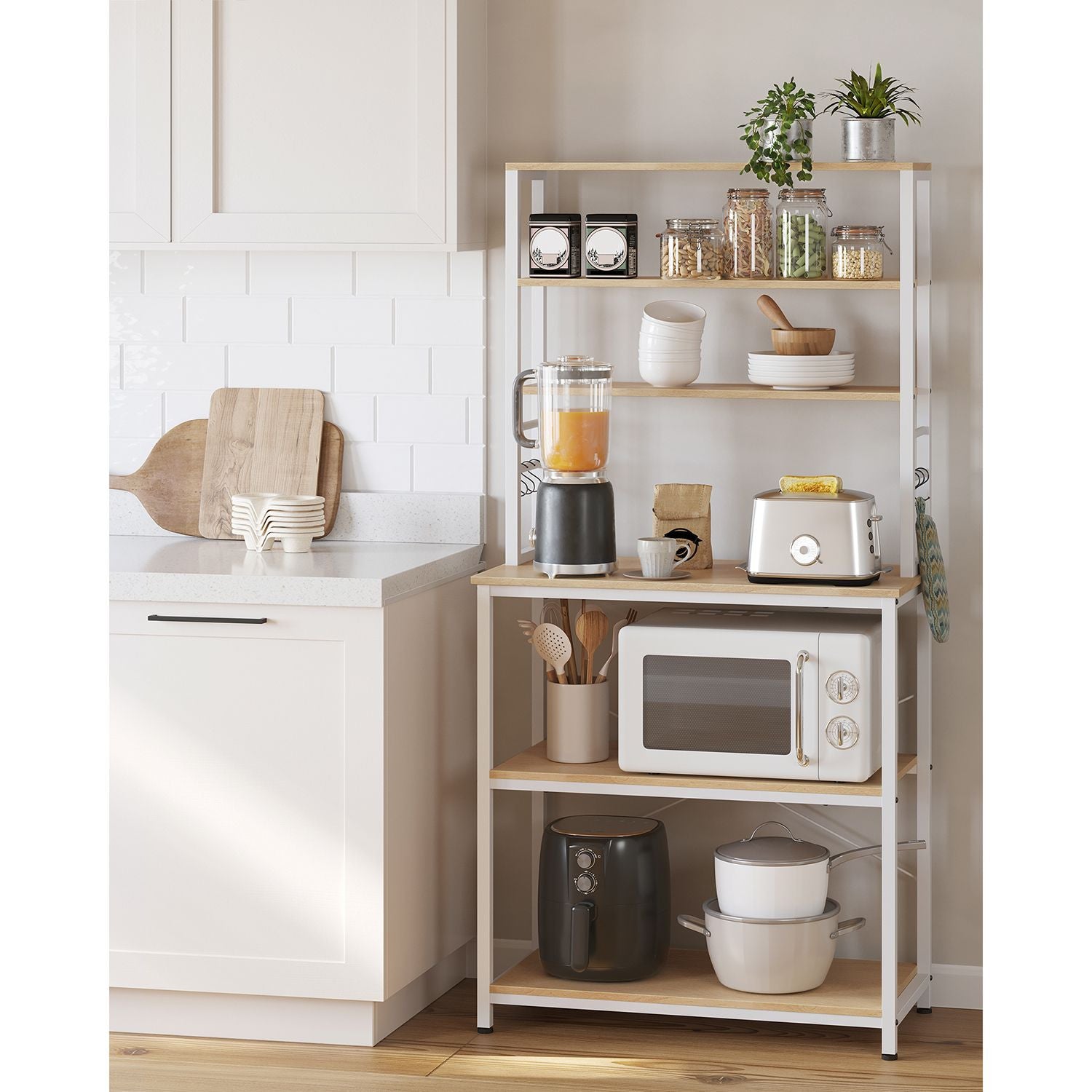 VASAGLE Tammenvalkoinen keittiöhylly 6 tasolla – säädettävä ja tukeva säilytysratkaisu