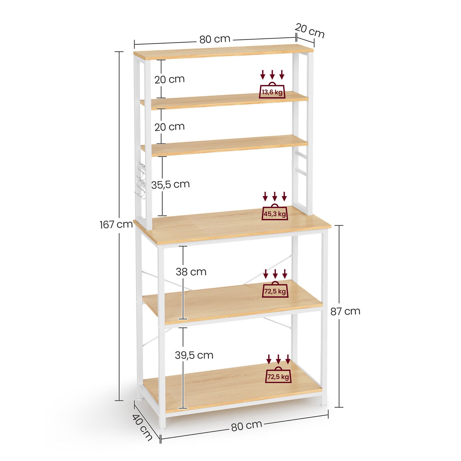 VASAGLE Tammenvalkoinen keittiöhylly 6 tasolla – säädettävä ja tukeva säilytysratkaisu