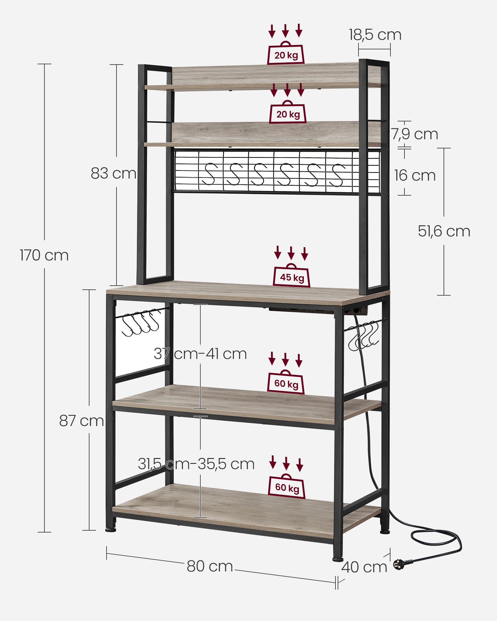 VASAGLE keittiöhylly pistorasioilla – tyylikäs ja tukeva sähkövarusteltu säilytysratkaisu
