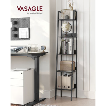 VASAGLE Rustiikkiruskea kapea tikashylly 5 tasolla – teollistyylinen ja vakaa kirjahylly pieniin tiloihin 33x30x170 cm