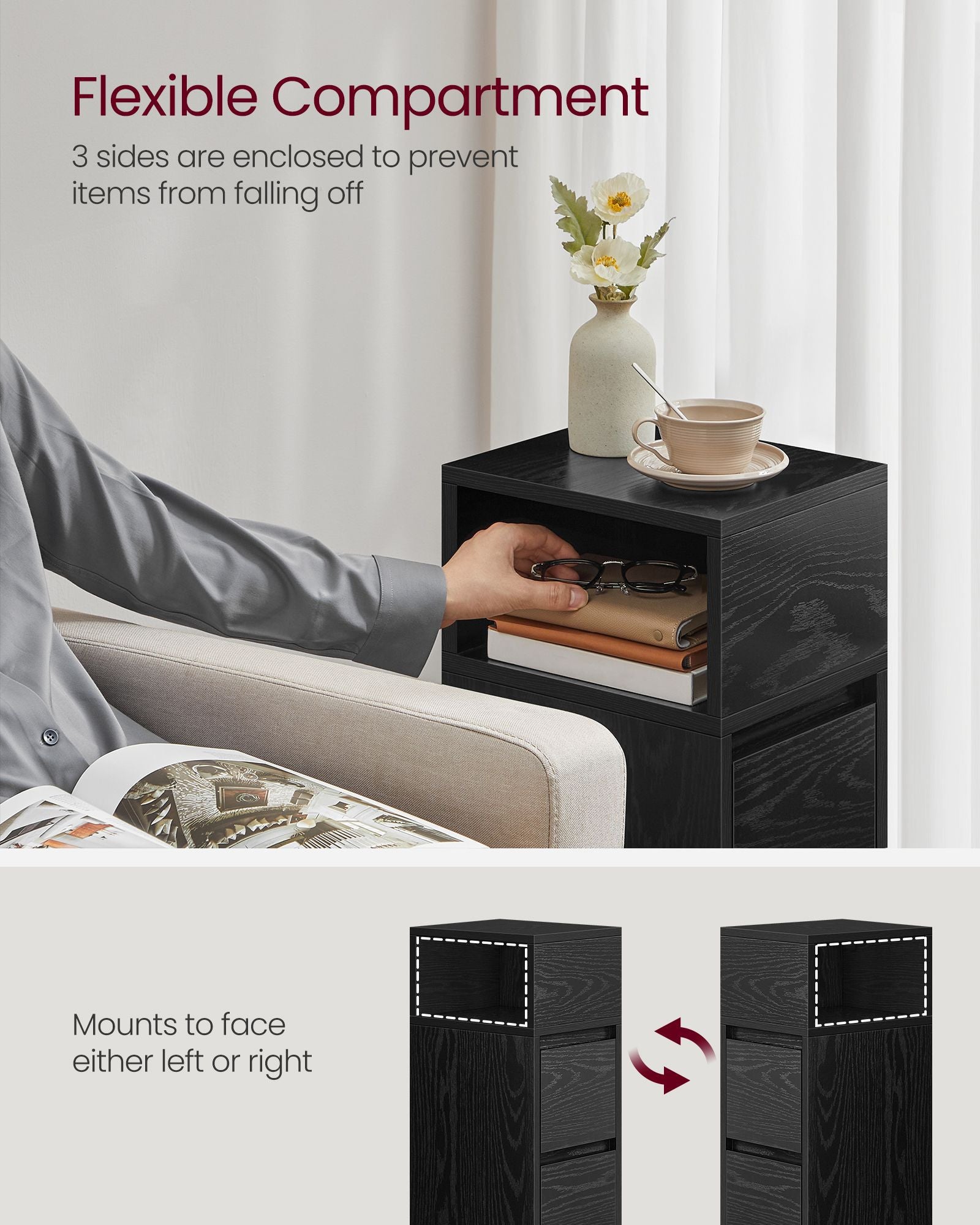 VASAGLE KAILYN-mallisto kapea yöpöytä – eebeninmusta sivupöytä kahdella laatikolla ja avohyllyllä, 25 x 30 x 65 cm